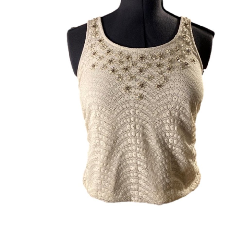 RW&CO Women’s Crochet Lined Sequin bursts Cream Tank Top (Size Small)